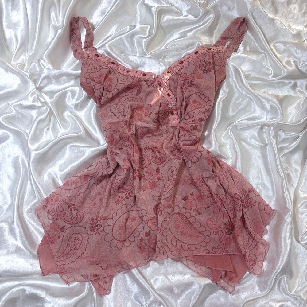 y2k Cami Top Pink Excellent One Step Up Paisley Mesh Beaded Handkerchief Hem 1X